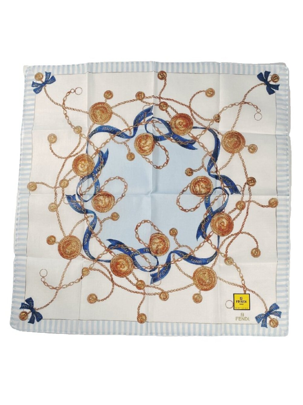 NWT Fendi Cotton Mini Scarf Chain Ribbon Print Blue Made Japan 17.5"